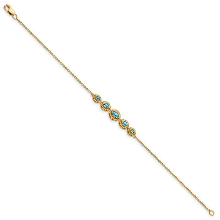 14K Solid Yellow Gold Marquise Swiss Blue Topaz Chain Gemstone Tennis Bracelet