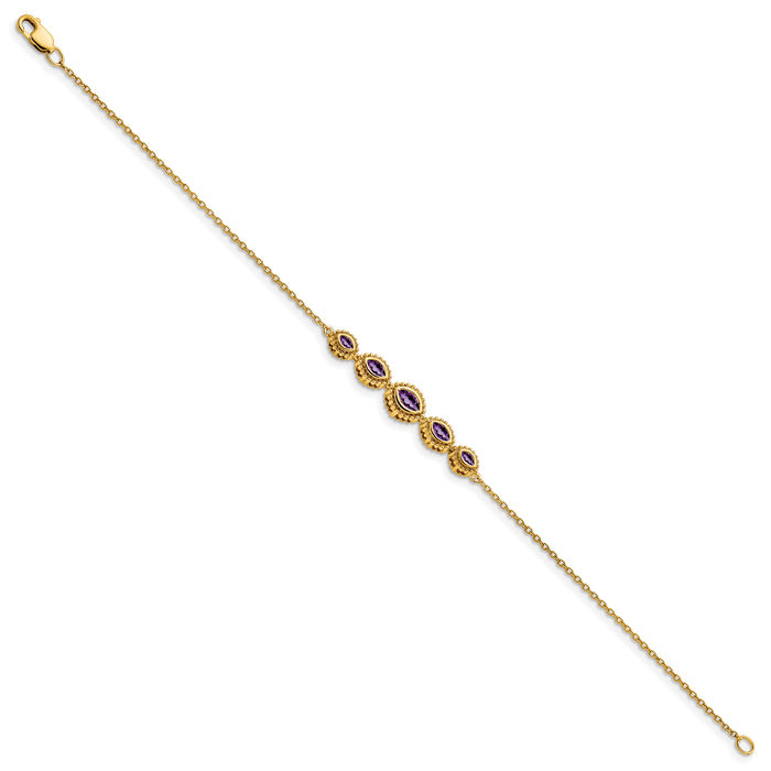 14K Solid Yellow Gold Marquise Purple Amethyst Chain Gemstone Tennis Bracelet