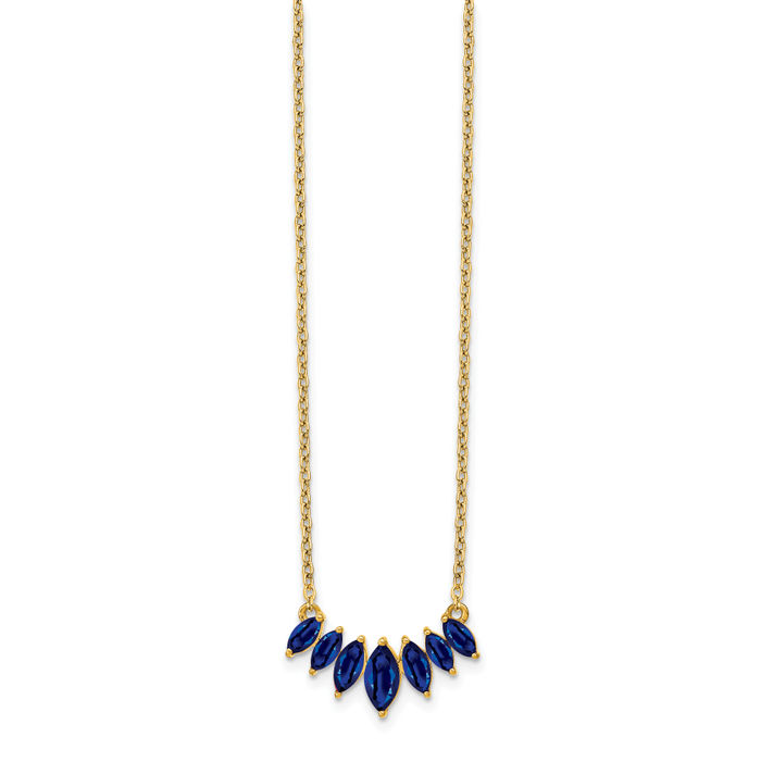 14K Solid Yellow Gold Marquise Blue Sapphire Chain Bar Necklace