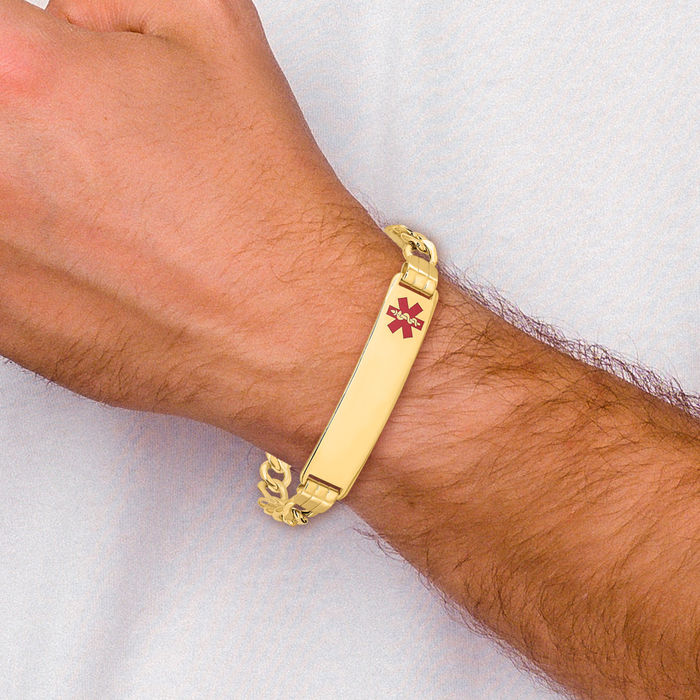 14K Solid Yellow Gold Medical Alert Curb Link Name Bar Identification ID Bracelet