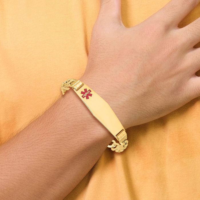 14K Solid Yellow Gold Medical Alert Curb Link Name Bar Identification ID Bracelet