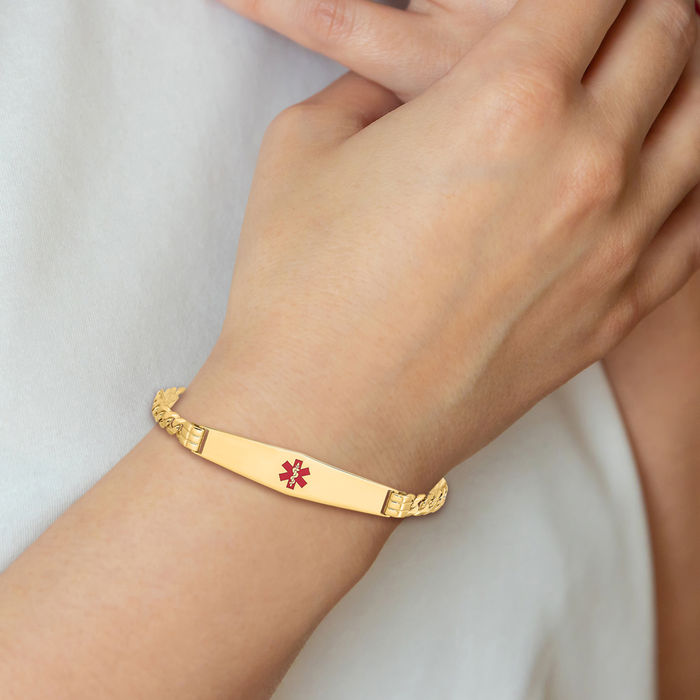 14K Solid Yellow Gold Medical Alert Curb Link Name Bar Identification ID Bracelet