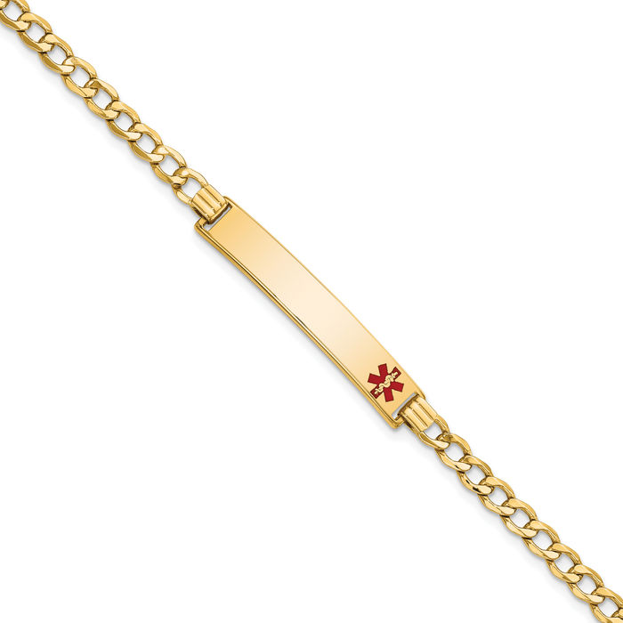 14K Solid Yellow Gold Medical Alert Curb Link Name Bar Identification ID Bracelet