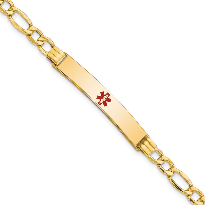 14K Solid Yellow Gold Medical Alert Figaro Link Name Bar Identification ID Bracelet