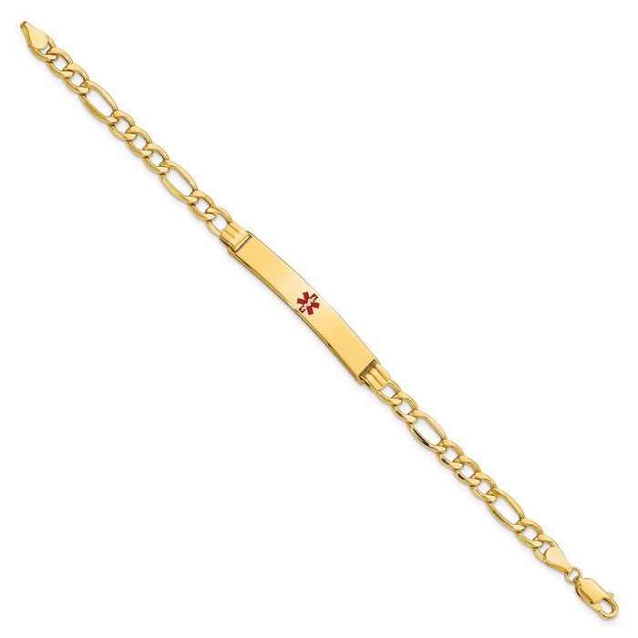 14K Solid Yellow Gold Medical Alert Figaro Link Name Bar Identification ID Bracelet