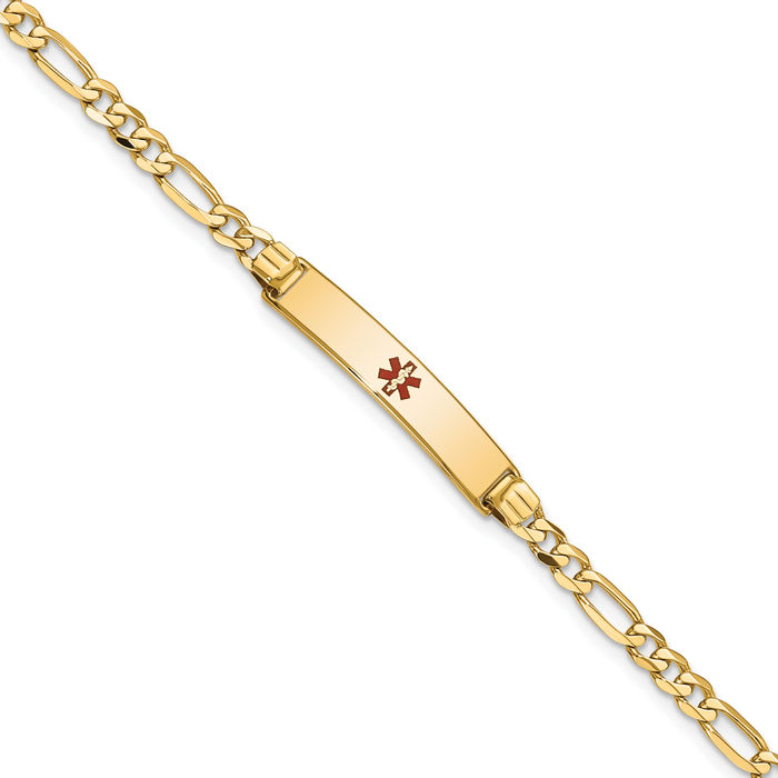 14K Solid Yellow Gold Medical Alert Figaro Link Name Bar Identification ID Bracelet