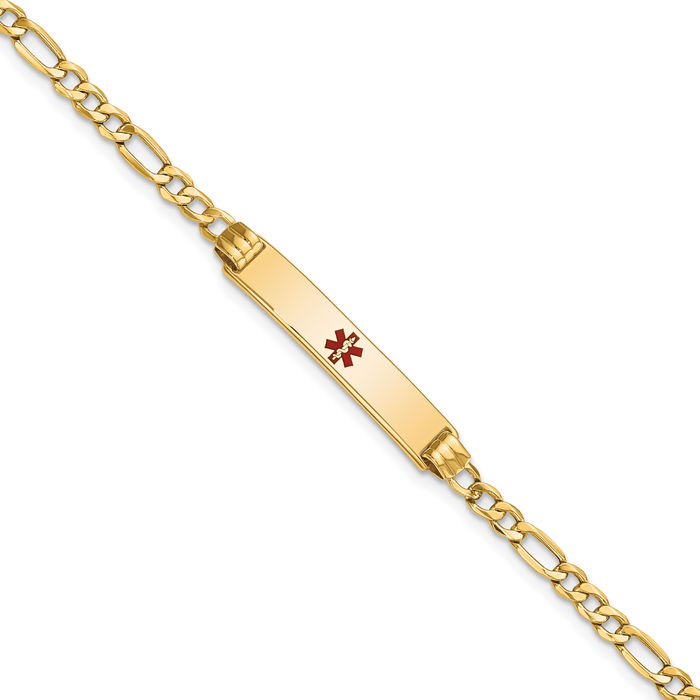 14K Solid Yellow Gold Medical Alert Figaro Link Name Bar Identification ID Bracelet