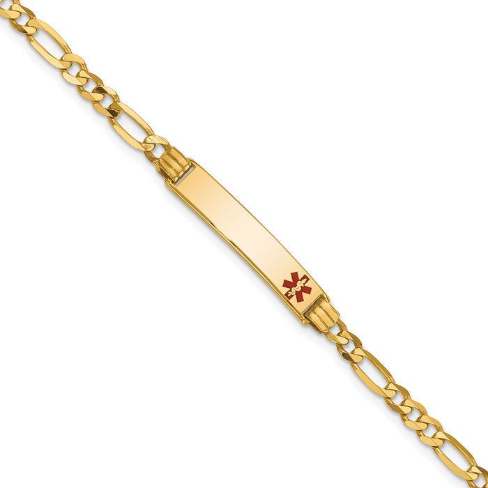 14K Solid Yellow Gold Medical Alert Figaro Link Name Bar Identification ID Bracelet