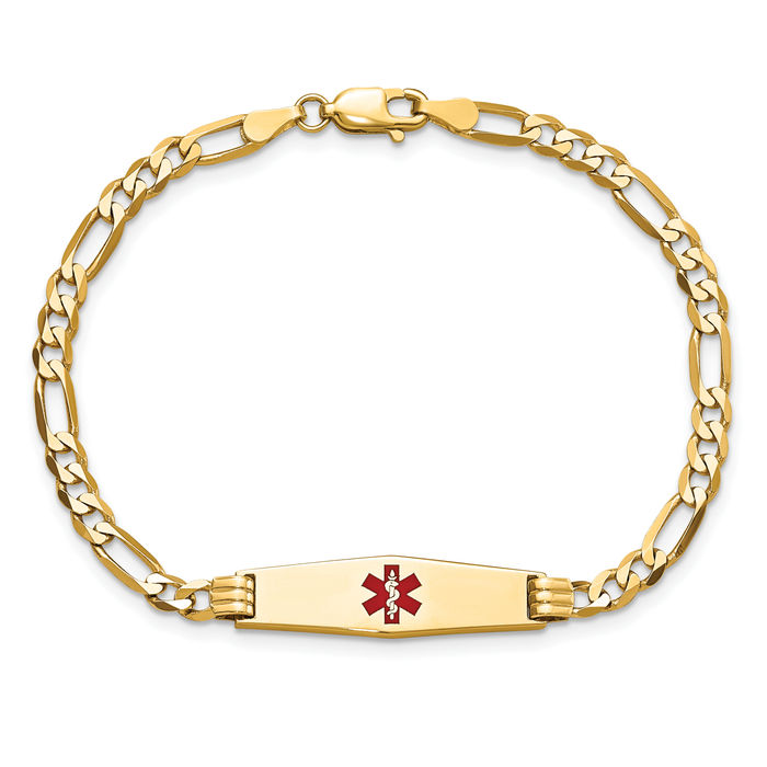 14K Solid Yellow Gold Medical Alert Figaro Link Name Bar Identification ID Bracelet