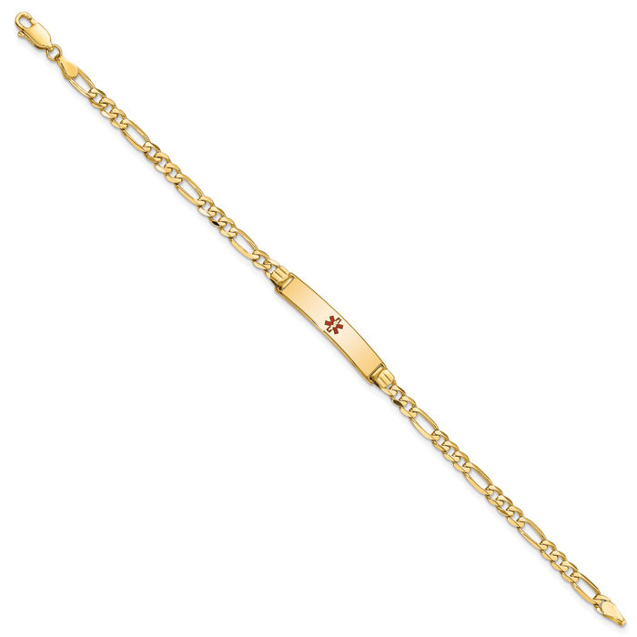 14K Solid Yellow Gold Medical Alert Figaro Link Name Bar Identification ID Bracelet