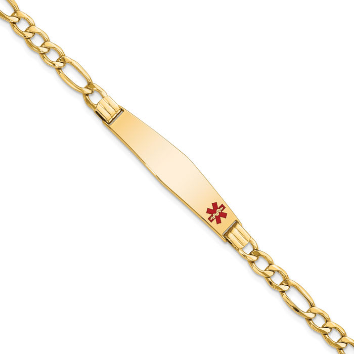 14K Solid Yellow Gold Medical Alert Figaro Link Name Bar Identification ID Bracelet