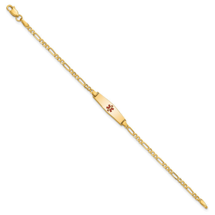 14K Solid Yellow Gold Medical Alert Figaro Link Name Bar Identification ID Bracelet