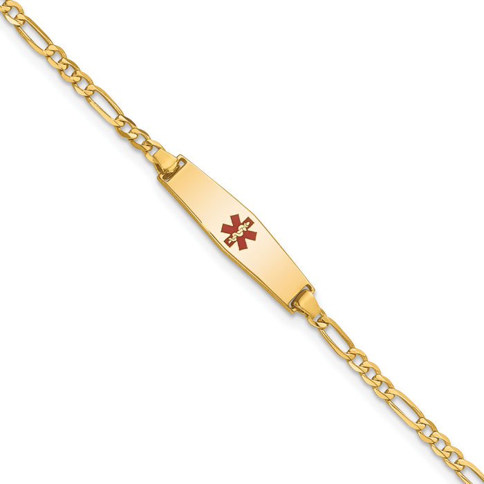 14K Solid Yellow Gold Medical Alert Figaro Link Name Bar Identification ID Bracelet