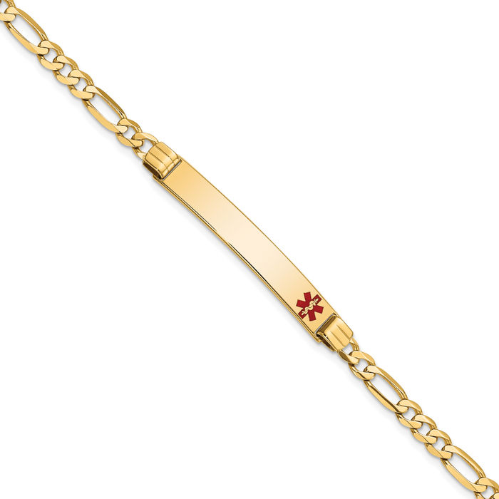 14K Solid Yellow Gold Medical Alert Figaro Link Name Bar Identification ID Bracelet