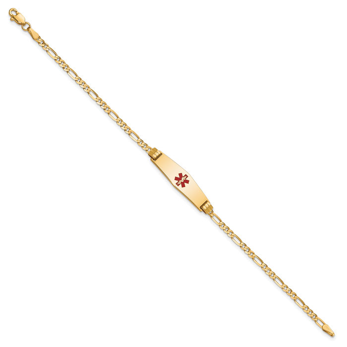 14K Solid Yellow Gold Medical Alert Figaro Link Name Bar Identification ID Bracelet