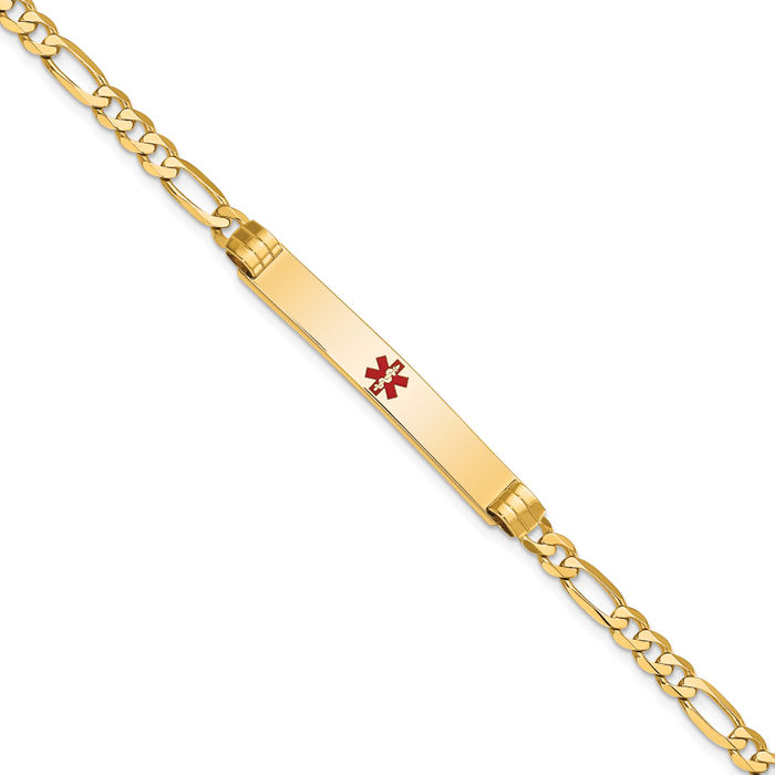 14K Solid Yellow Gold Medical Alert Figaro Link Name Bar Identification ID Bracelet