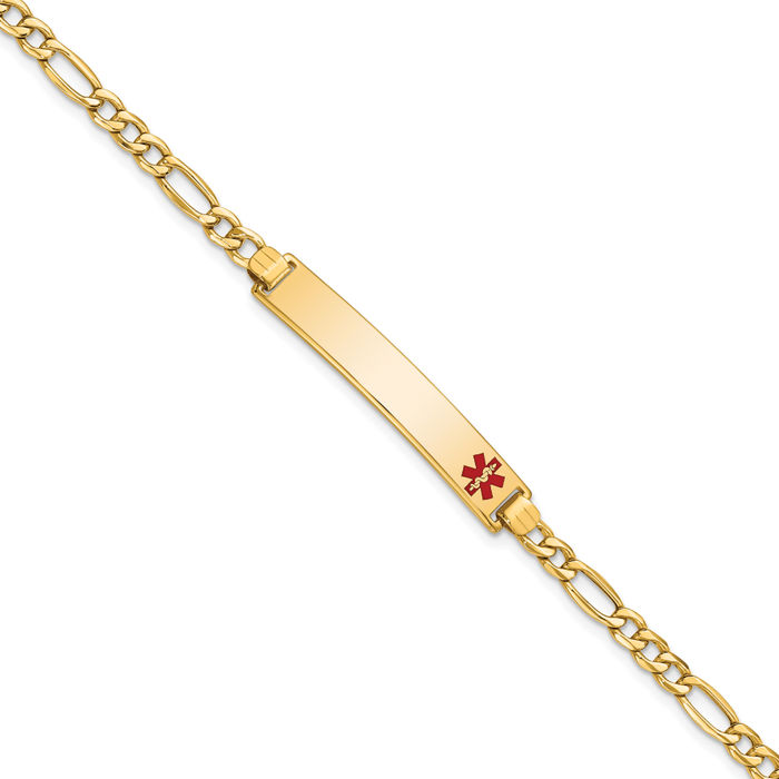 14K Solid Yellow Gold Medical Alert Figaro Link Name Bar Identification ID Bracelet