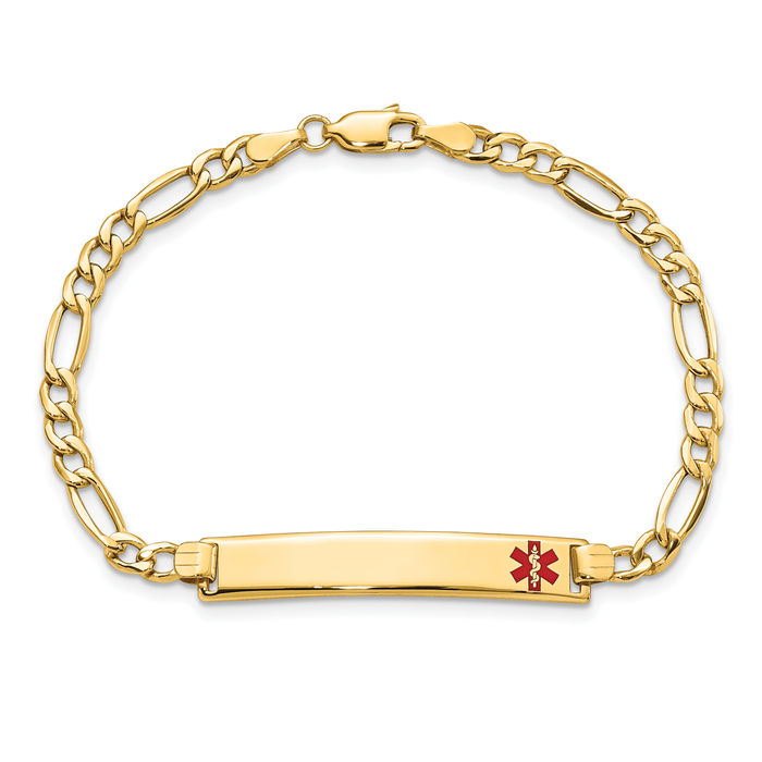 14K Solid Yellow Gold Medical Alert Figaro Link Name Bar Identification ID Bracelet