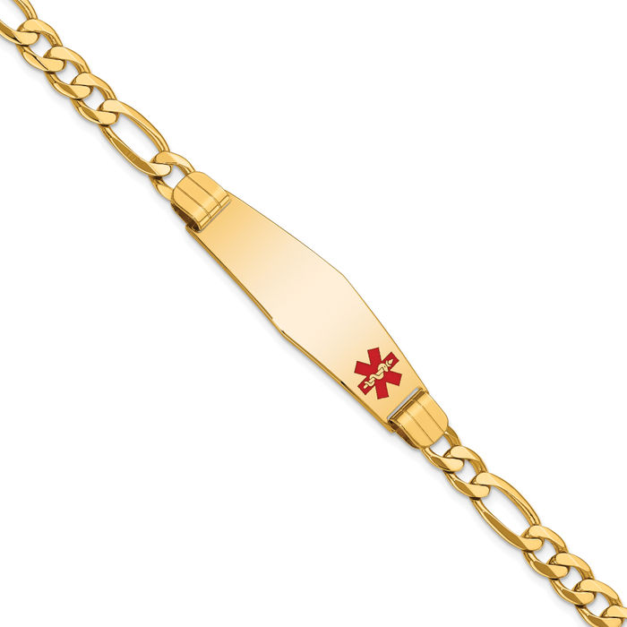 14K Solid Yellow Gold Medical Alert Figaro Link Name Bar Identification ID Bracelet