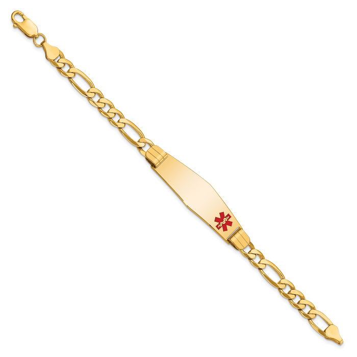 14K Solid Yellow Gold Medical Alert Figaro Link Name Bar Identification ID Bracelet