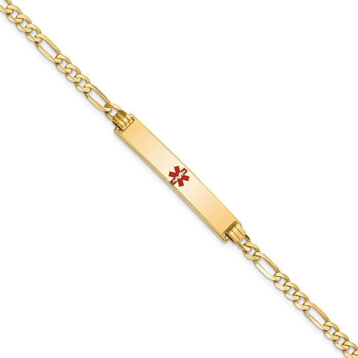 14K Solid Yellow Gold Medical Alert Figaro Link Name Bar Identification ID Bracelet