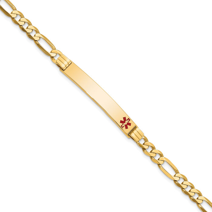 14K Solid Yellow Gold Medical Alert Figaro Link Name Bar Identification ID Bracelet