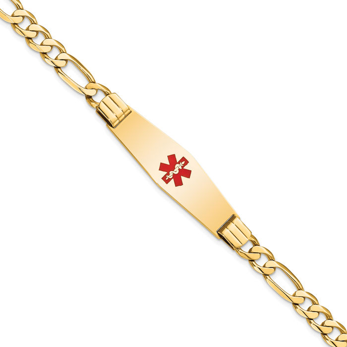 14K Solid Yellow Gold Medical Alert Figaro Link Name Bar Identification ID Bracelet