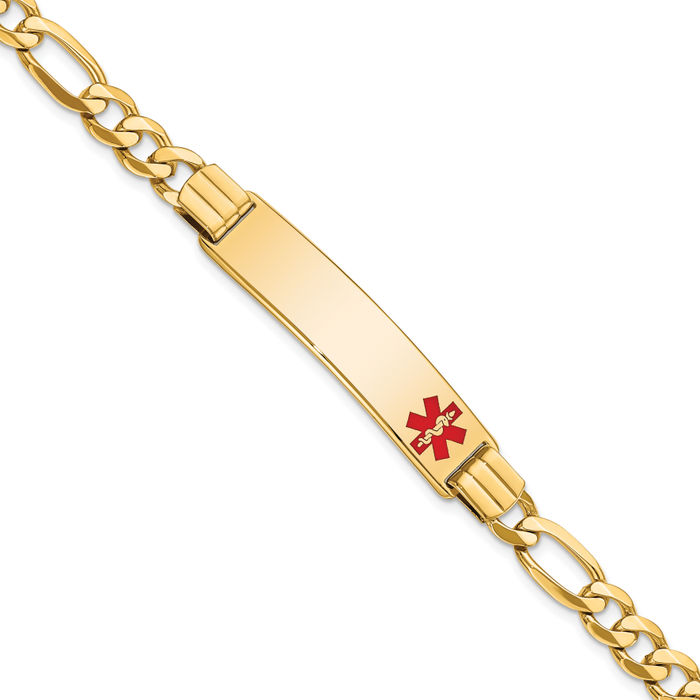 14K Solid Yellow Gold Medical Alert Figaro Link Name Bar Identification ID Bracelet