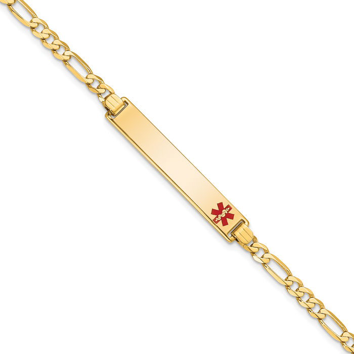 14K Solid Yellow Gold Medical Alert Figaro Link Name Bar Identification ID Bracelet