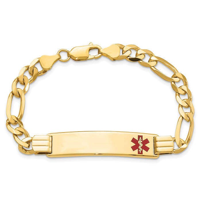 14K Solid Yellow Gold Medical Alert Figaro Link Name Bar Identification ID Bracelet