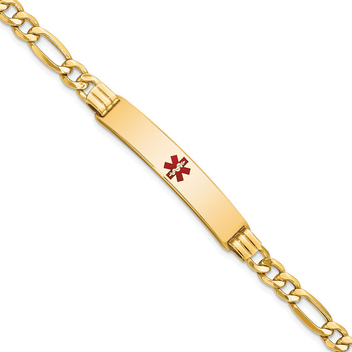 14K Solid Yellow Gold Medical Alert Figaro Link Name Bar Identification ID Bracelet