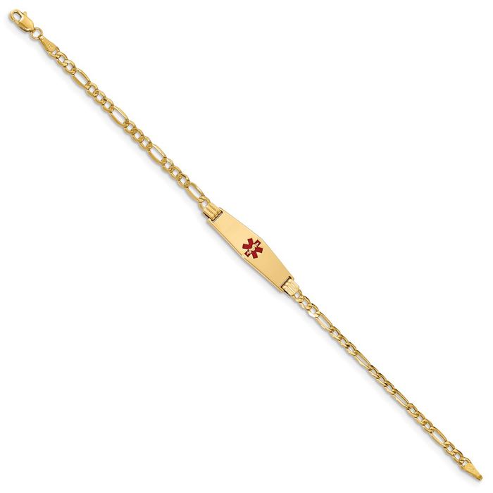 14K Solid Yellow Gold Medical Alert Figaro Link Name Bar Identification ID Bracelet