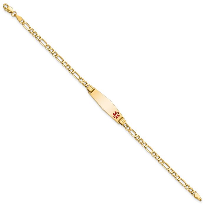 14K Solid Yellow Gold Medical Alert Figaro Link Name Bar Identification ID Bracelet