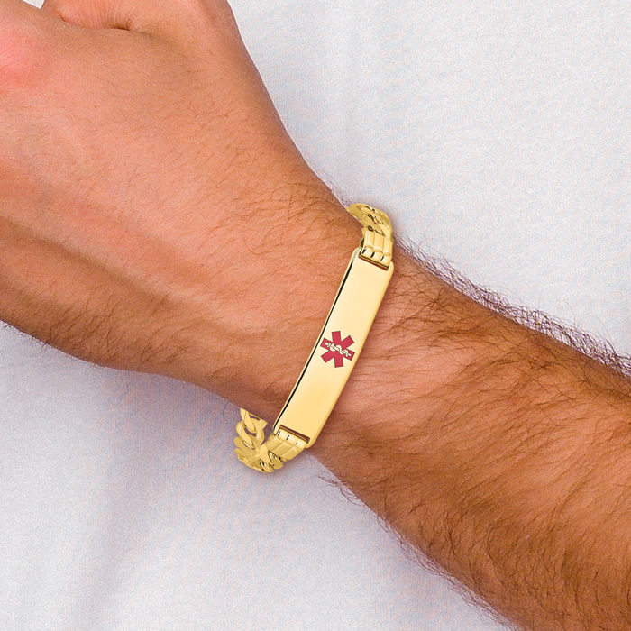 14K Solid Yellow Gold Medical Alert Curb Link Name Bar Identification ID Bracelet