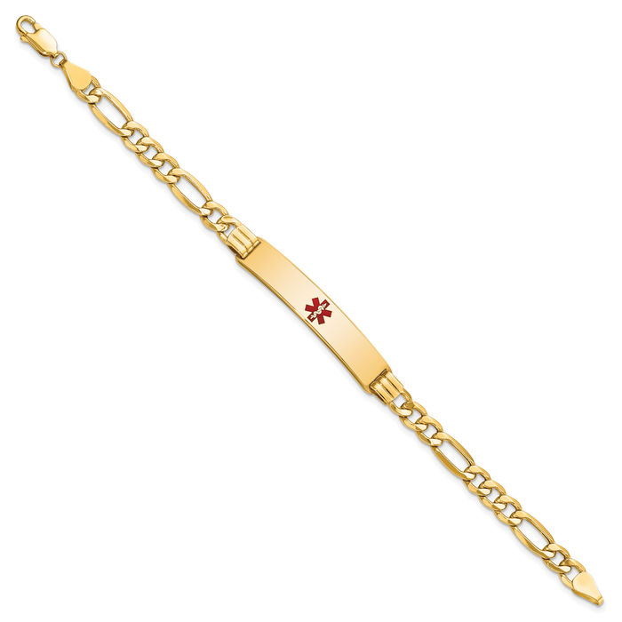 14K Solid Yellow Gold Medical Alert Figaro Link Name Bar Identification ID Bracelet