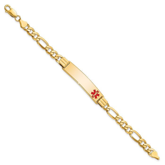 14K Solid Yellow Gold Medical Alert Figaro Link Name Bar Identification ID Bracelet