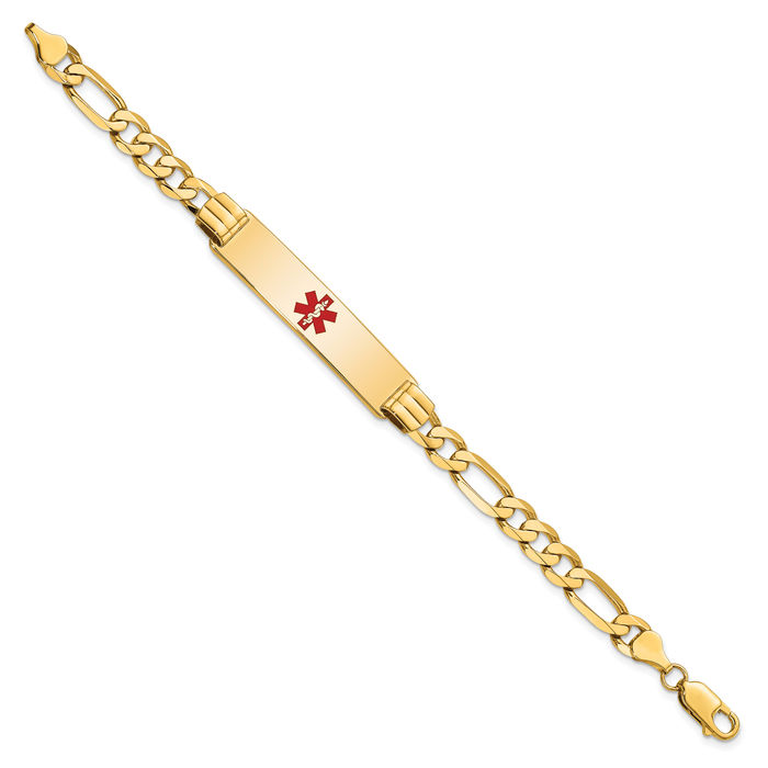 14K Solid Yellow Gold Medical Alert Figaro Link Name Bar Identification ID Bracelet