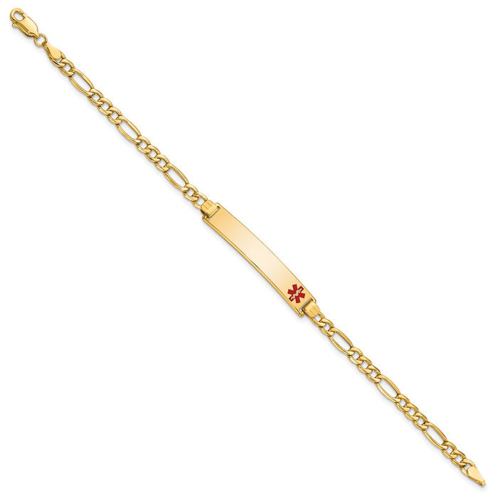 14K Solid Yellow Gold Medical Alert Figaro Link Name Bar Identification ID Bracelet