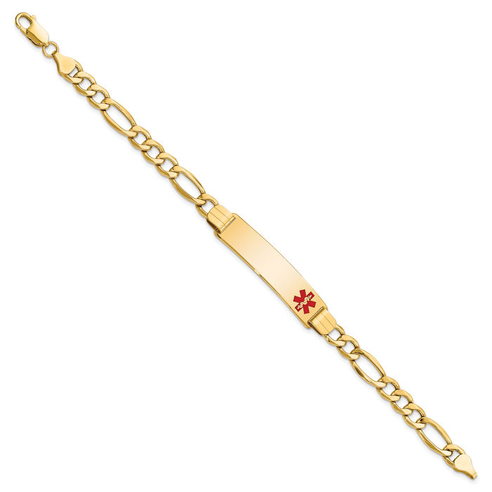 14K Solid Yellow Gold Medical Alert Figaro Link Name Bar Identification ID Bracelet