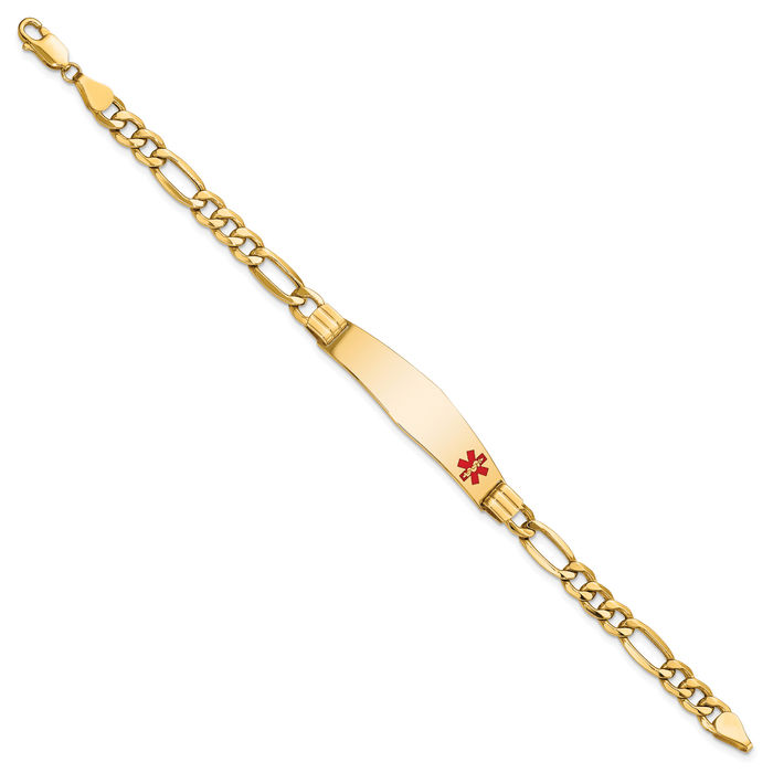 14K Solid Yellow Gold Medical Alert Soft Figaro Link Name Bar Identification ID Bracelet