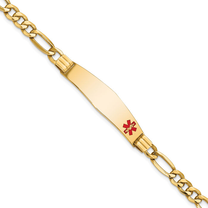 14K Solid Yellow Gold Medical Alert Soft Figaro Link Name Bar Identification ID Bracelet