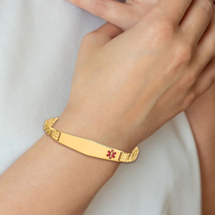 14K Solid Yellow Gold Medical Alert Curb Link Name Bar Identification ID Bracelet