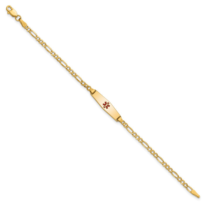 14K Solid Yellow Gold Medical Alert Figaro Link Name Bar Identification ID Bracelet