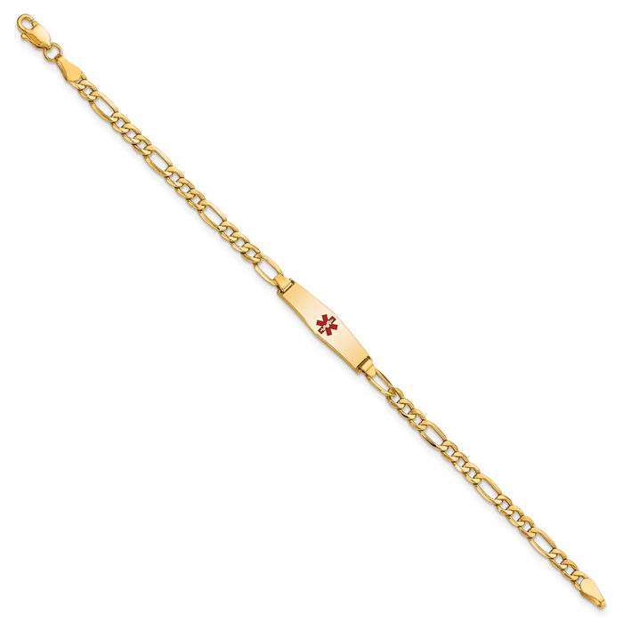 14K Solid Yellow Gold Medical Alert Figaro Link Name Bar Identification ID Bracelet