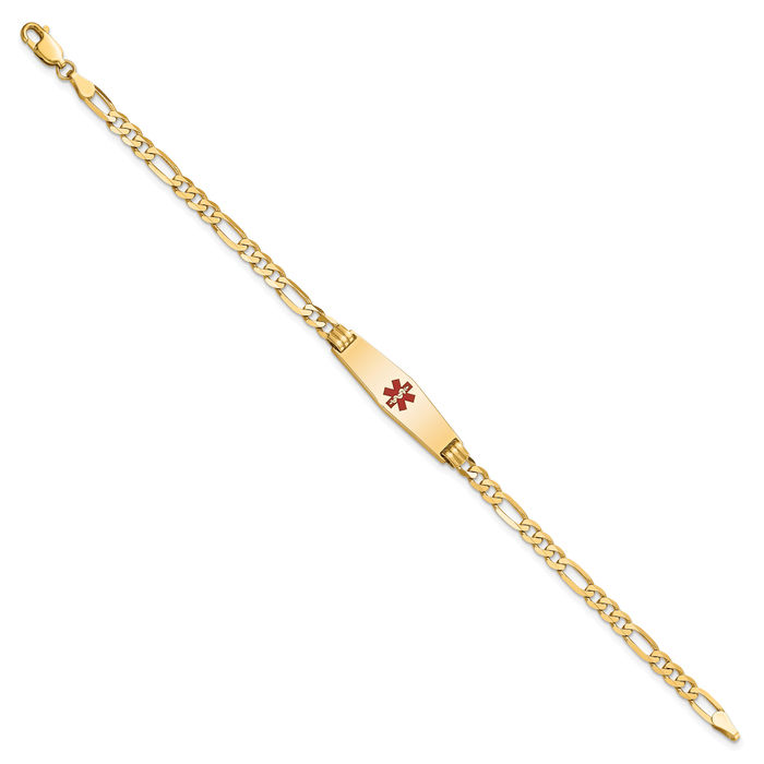 14K Solid Yellow Gold Medical Alert Figaro Link Name Bar Identification ID Bracelet