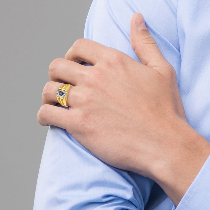 14K Solid Yellow Gold Mens Lab Blue Sapphire Diamond Ring