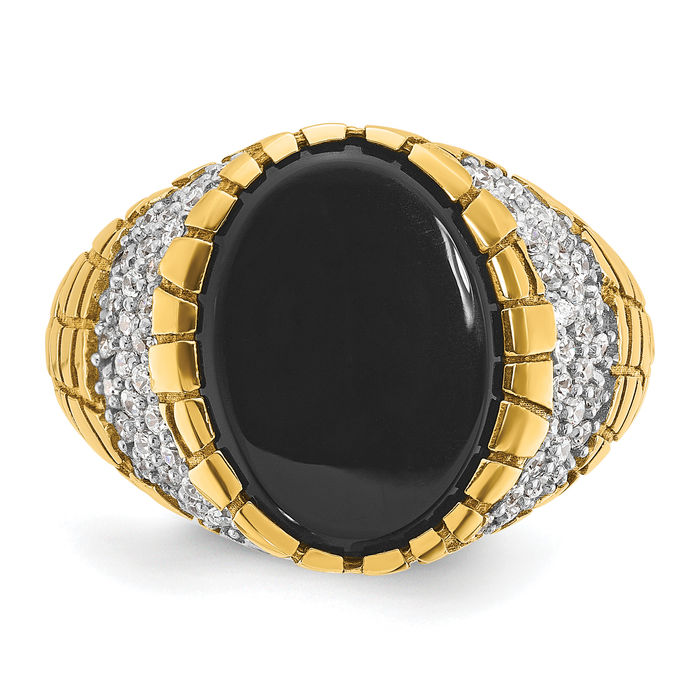 14K Solid Yellow Gold Mens Black Onyx Diamond Chunky Nugget Ring