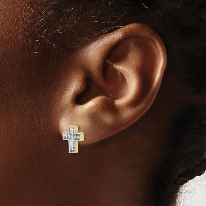 14K Solid Yellow Gold Cubic Zirconia CZ Holy Cross Studs Religious Christian Earrings