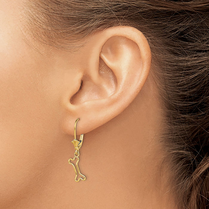 14K Solid Yellow Gold Dog Bone Drop Dangle Earrings