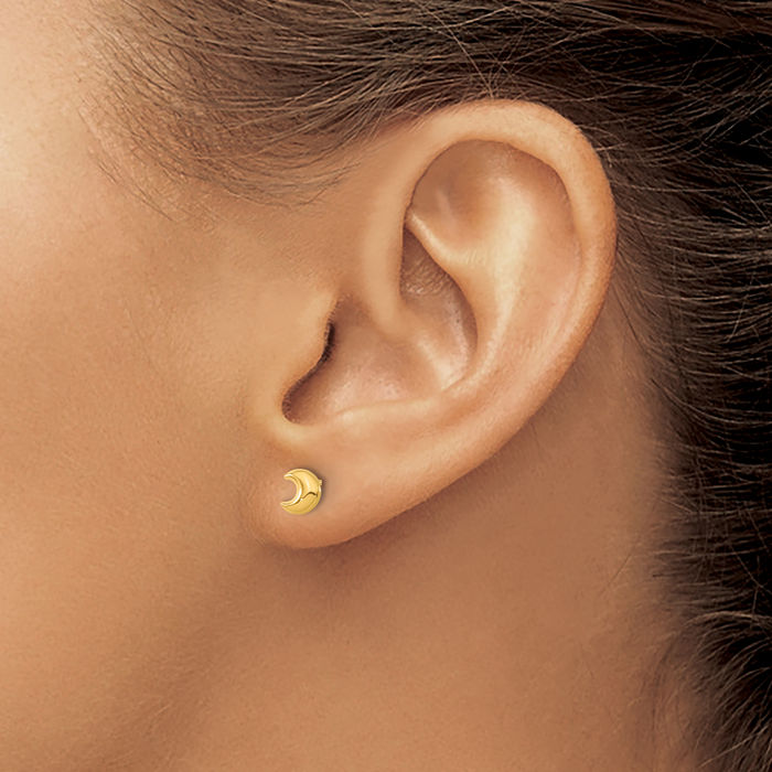 14K Solid Yellow Gold Crescent Moon Stud Earrings Celestial Jewelry